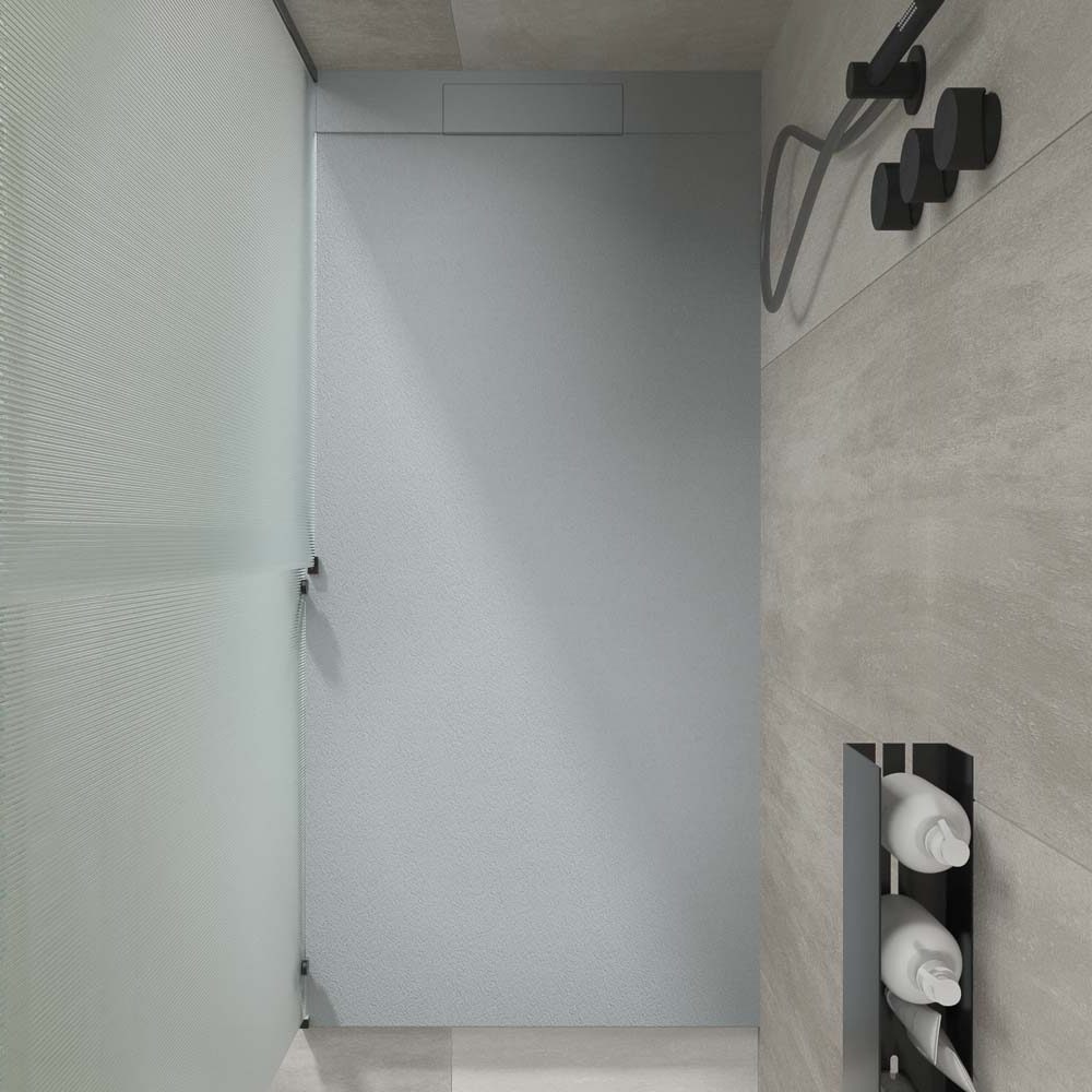 Plato ducha resina PLASTER Gris Cemento - RAL 7040 - textura pizarra - antibacteriano y antideslizante. Rejilla oculta