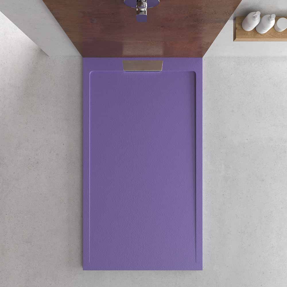 Plato ducha resina STYLE - color lila RAL-4005 y otros - textura pizarra - antibacteriano y antideslizante. Rejilla oculta