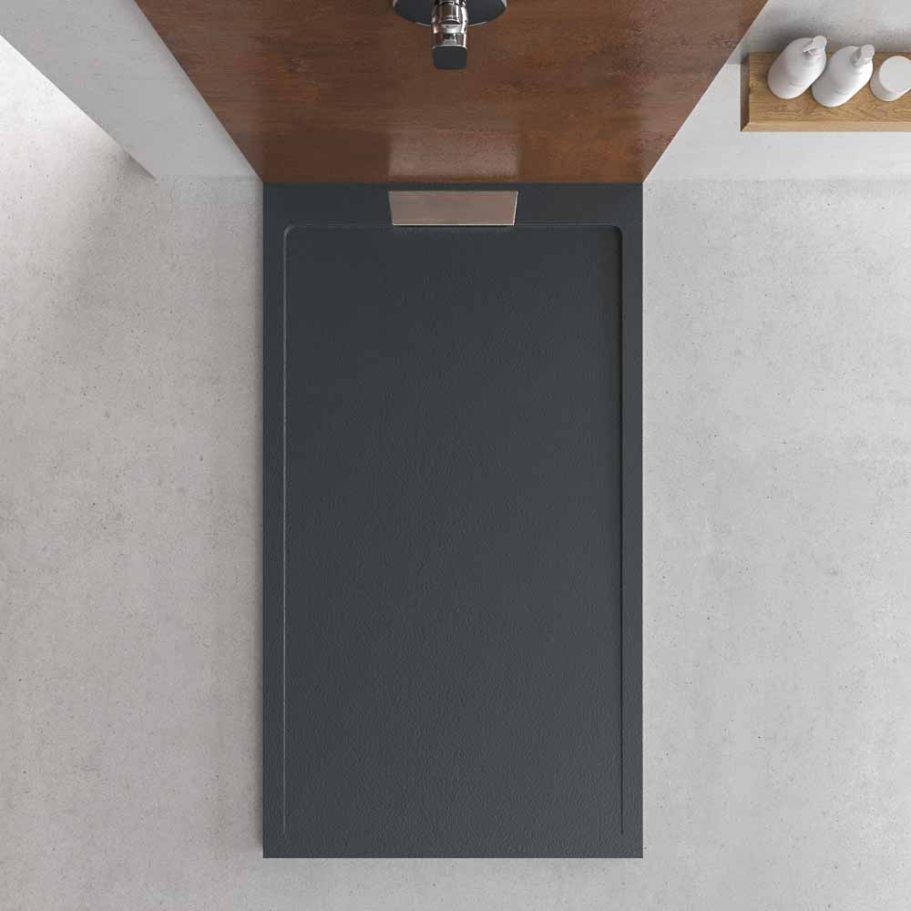 Plato ducha resina STYLE - color gris antracita RAL-7016 y otros - textura pizarra - antibacteriano y antideslizante. Rejilla oculta