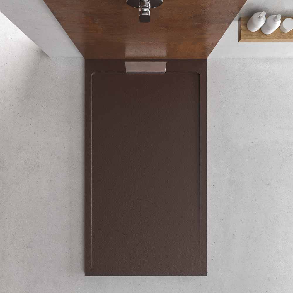 Plato ducha resina STYLE - color chocolate RAL-8017 y otros - textura pizarra - antibacteriano y antideslizante. Rejilla oculta