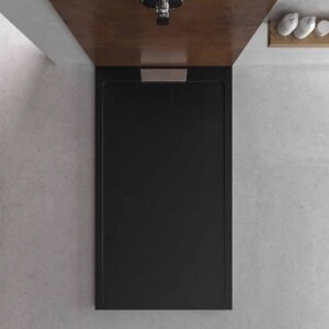 Plato ducha resina STYLE - color negro RAL-9005 y otros - textura pizarra - antibacteriano y antideslizante. Rejilla oculta