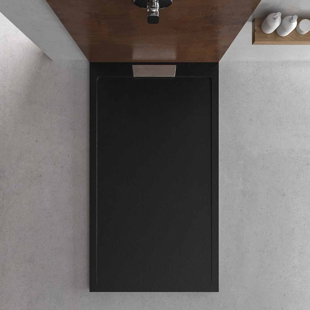 Plato ducha resina STYLE - color negro RAL-9005 y otros - textura pizarra - antibacteriano y antideslizante. Rejilla oculta