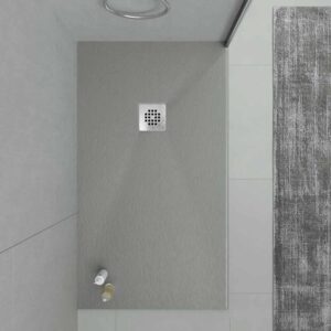 Plato ducha resina ONE Gris Cemento RAL 7005 y otros colores con textura pizarra antibacteriano y antideslizante. Rejilla inox