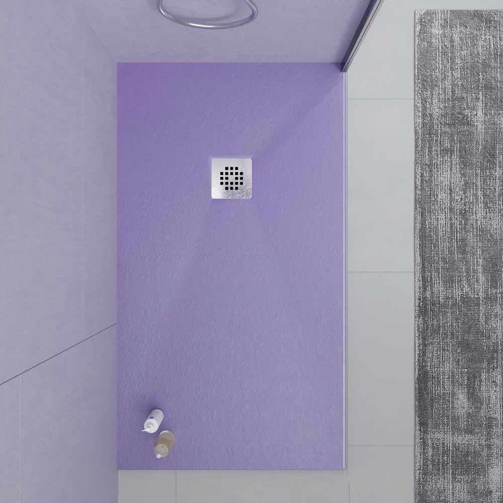 Plato ducha resina ONE Lila RAL 4005 y otros colores con textura pizarra antibacteriano y antideslizante. Rejilla inox