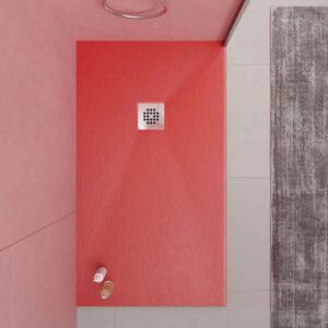 Plato ducha resina ONE Rojo RAL 3020 y otros colores con textura pizarra antibacteriano y antideslizante. Rejilla inox