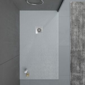 Plato ducha resina ONE Gris RAL 7040 y otros colores con textura pizarra antibacteriano y antideslizante. Rejilla inox
