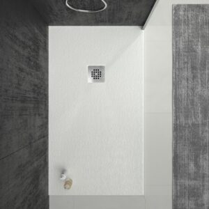 Plato ducha resina ONE Blanco RAL 9003 y otros colores con textura pizarra antibacteriano y antideslizante. Rejilla inox