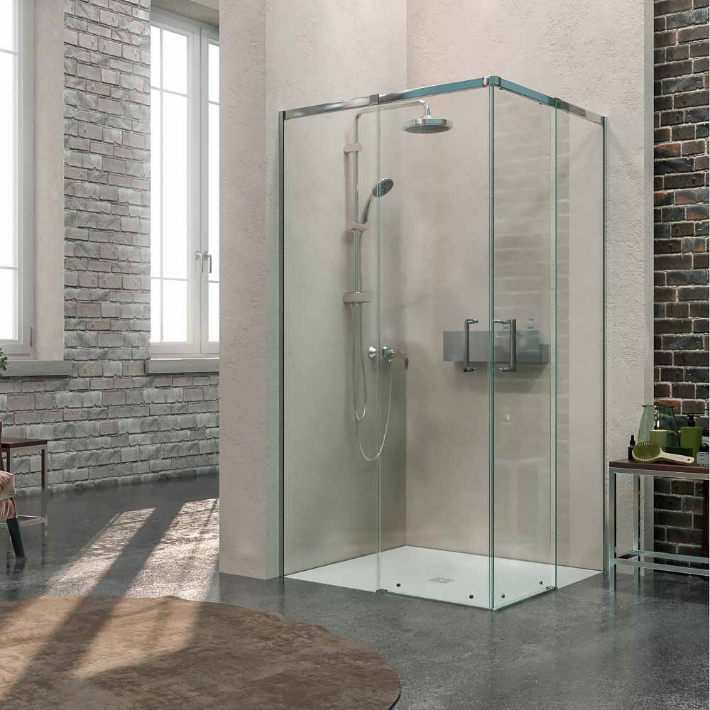 Mampara de ducha AXER cuadrada 2 fijos - 2 puertas correderas vidrio 6 mm. ACERO INOXIDABLE