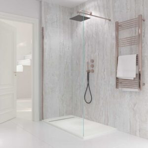 Fijo de ducha mampara ZEN perfil Oro Rosa - Vidrio 8 MM con tratamiento anti-cal incluido- Brazo sujección acero inox. extensible