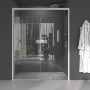 Mampara de ducha frontal LINEA1 fijo -1 puerta corredera. Sin perfil inferior. Acabado GRIS CLARO