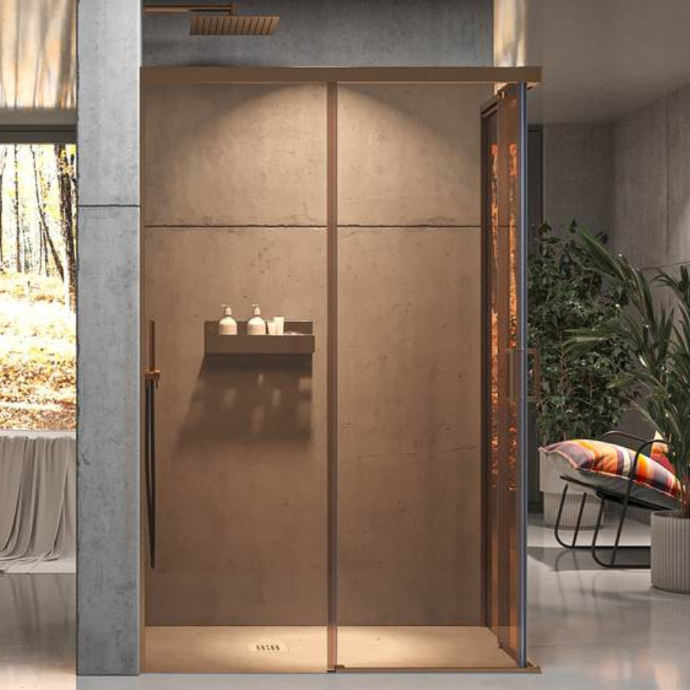 Mampara de ducha NOVUM rectangular 2 fijos - 2 puertas correderas vidrio 6 mm. Parsol bronce ACERO INOXIDABLE Cobre mate - Imagen 7