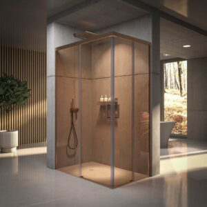 Mampara de ducha NOVUM rectangular 2 fijos - 2 puertas correderas vidrio 6 mm. Parsol bronce ACERO INOXIDABLE Cobre mate