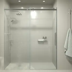 Mampara de ducha acero inoxidable LEXY frontal 1 fijo - 1 puerta corredera vidrio 8 mm.