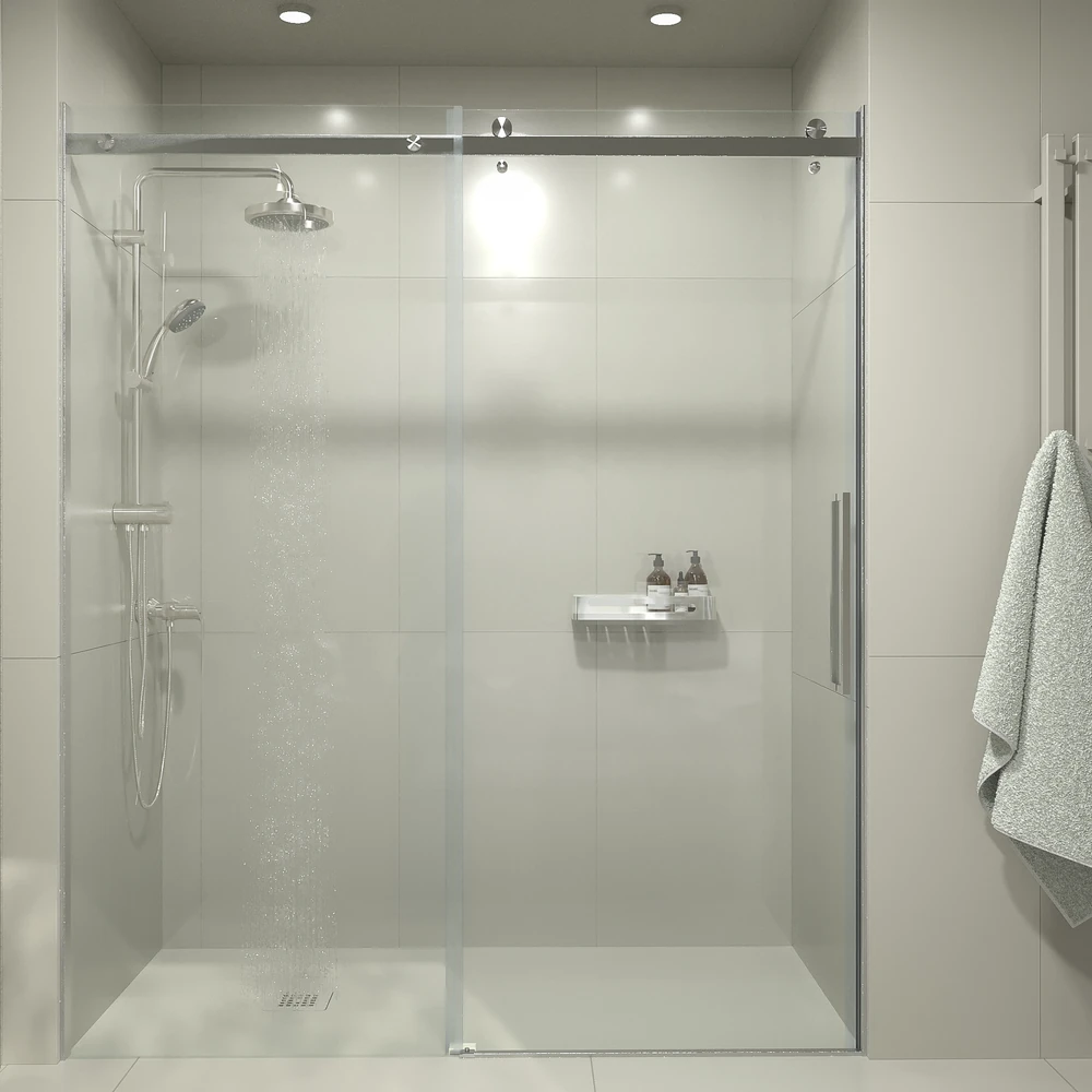 Mampara de ducha acero inoxidable LEXY frontal 1 fijo - 1 puerta corredera vidrio 8 mm.