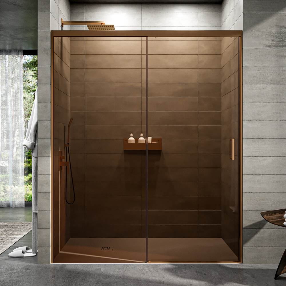 Mampara de ducha NOVUM frontal 1 fijo - 1 puerta corredera vidrio parsol bronce 6 mm. COBRE MATE