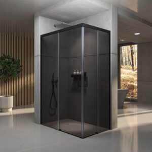 Mampara de ducha NOVUM rectangular 2 fijos - 2 puertas correderas vidrio 6 mm. Parsol gris ACERO INOXIDABLE Gun metal