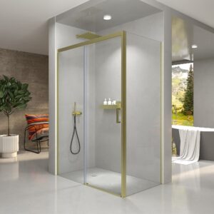 Mampara de ducha NOVUM rectangular 1 fijo - 1 puerta corredera + 1 fijo vidrio 6 mm.  transparente ACERO INOXIDABLE Oro mate