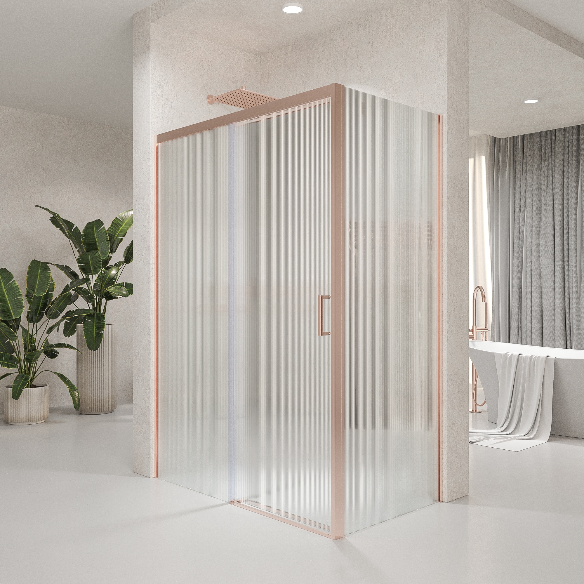 Mampara de ducha NOVUM rectangular 1 fijo - 1 puerta corredera + 1 fijo vidrio 6 mm. vidrio acanalado ACERO INOXIDABLE Oro rosa