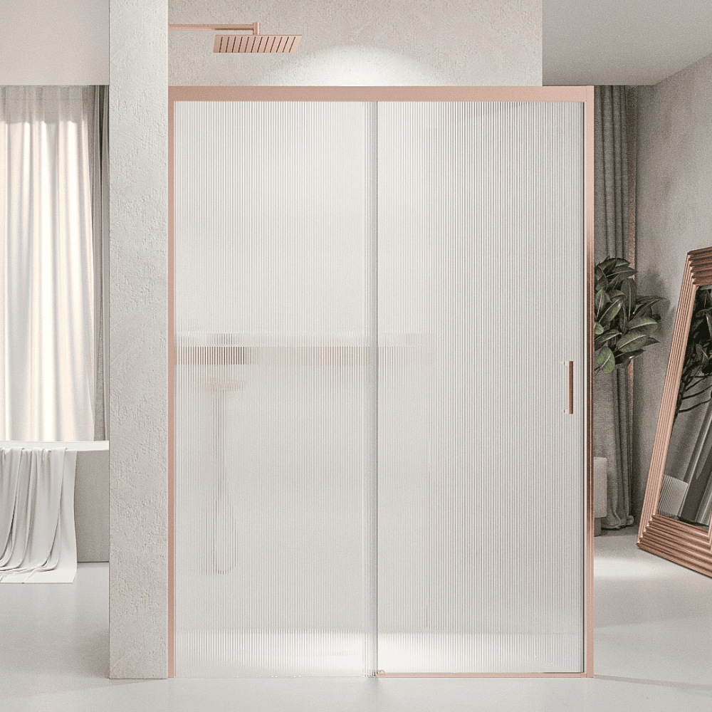 Mampara de ducha NOVUM rectangular 1 fijo - 1 puerta corredera + 1 fijo vidrio 6 mm. vidrio acanalado ACERO INOXIDABLE Oro rosa - Imagen 7