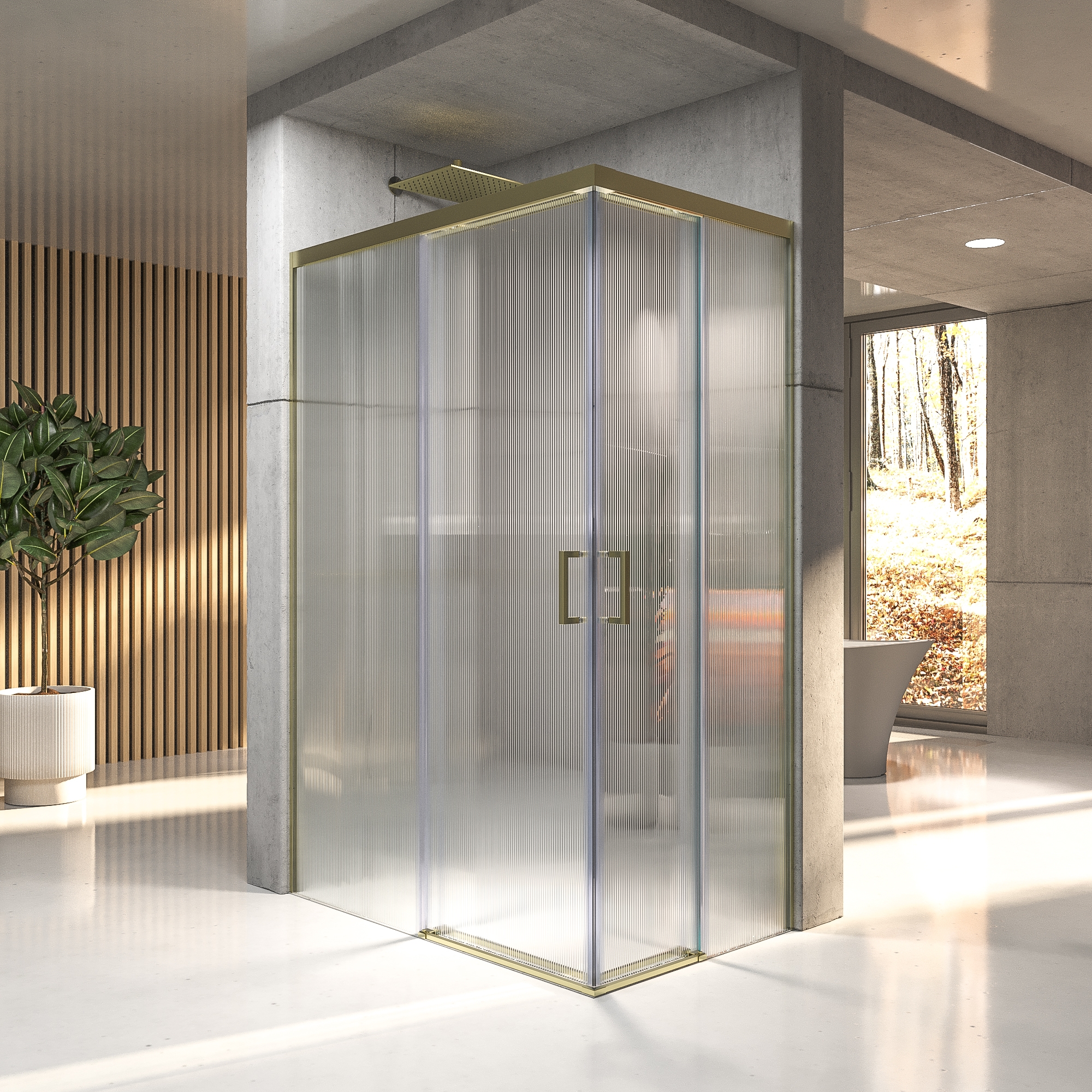 Mampara de ducha NOVUM rectangular 2 fijos - 2 puertas correderas vidrio 6 mm. Acanalado ACERO INOXIDABLE Oro mate