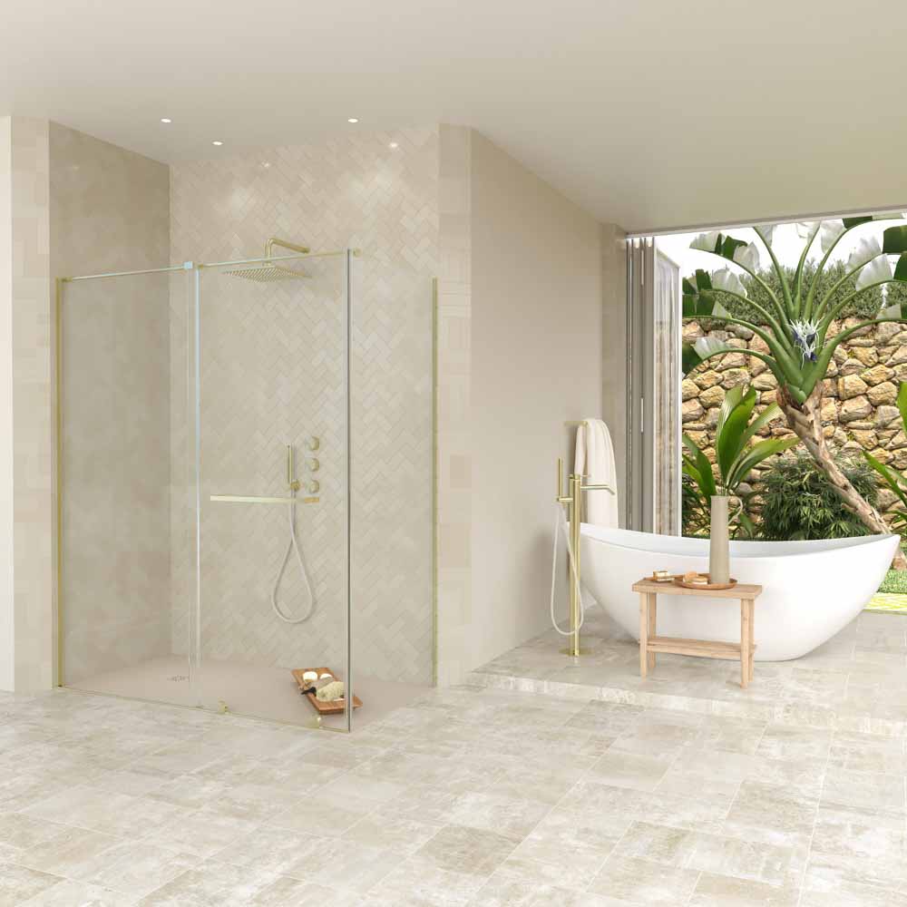 Mampara de ducha rectangular VERONA apertura frontal 1 fijo-1 puerta corredera con ruedas inferiores + 1 fijo acabado COBRE - Imagen 8