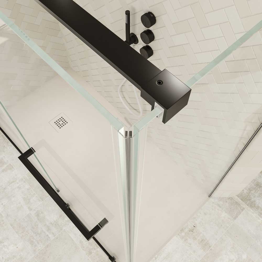 Mampara de ducha rectangular VERONA apertura frontal 1 fijo-1 puerta corredera con ruedas inferiores + 1 fijo acabado NEGRO MATE - Imagen 8