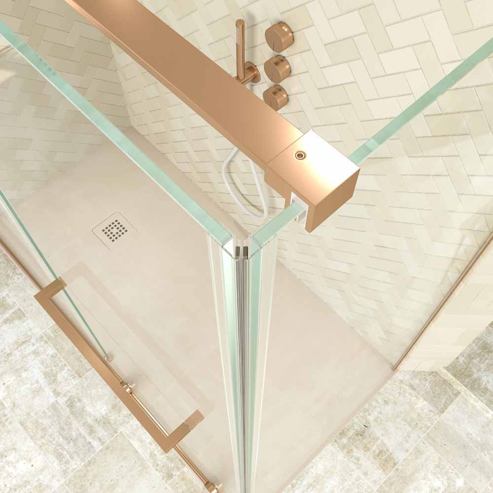 Mampara de ducha rectangular VERONA apertura frontal 1 fijo-1 puerta corredera con ruedas inferiores + 1 fijo acabado COBRE - Imagen 6