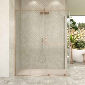 Mampara de ducha rectangular VERONA apertura frontal 1 fijo-1 puerta corredera con ruedas inferiores + 1 fijo acabado COBRE