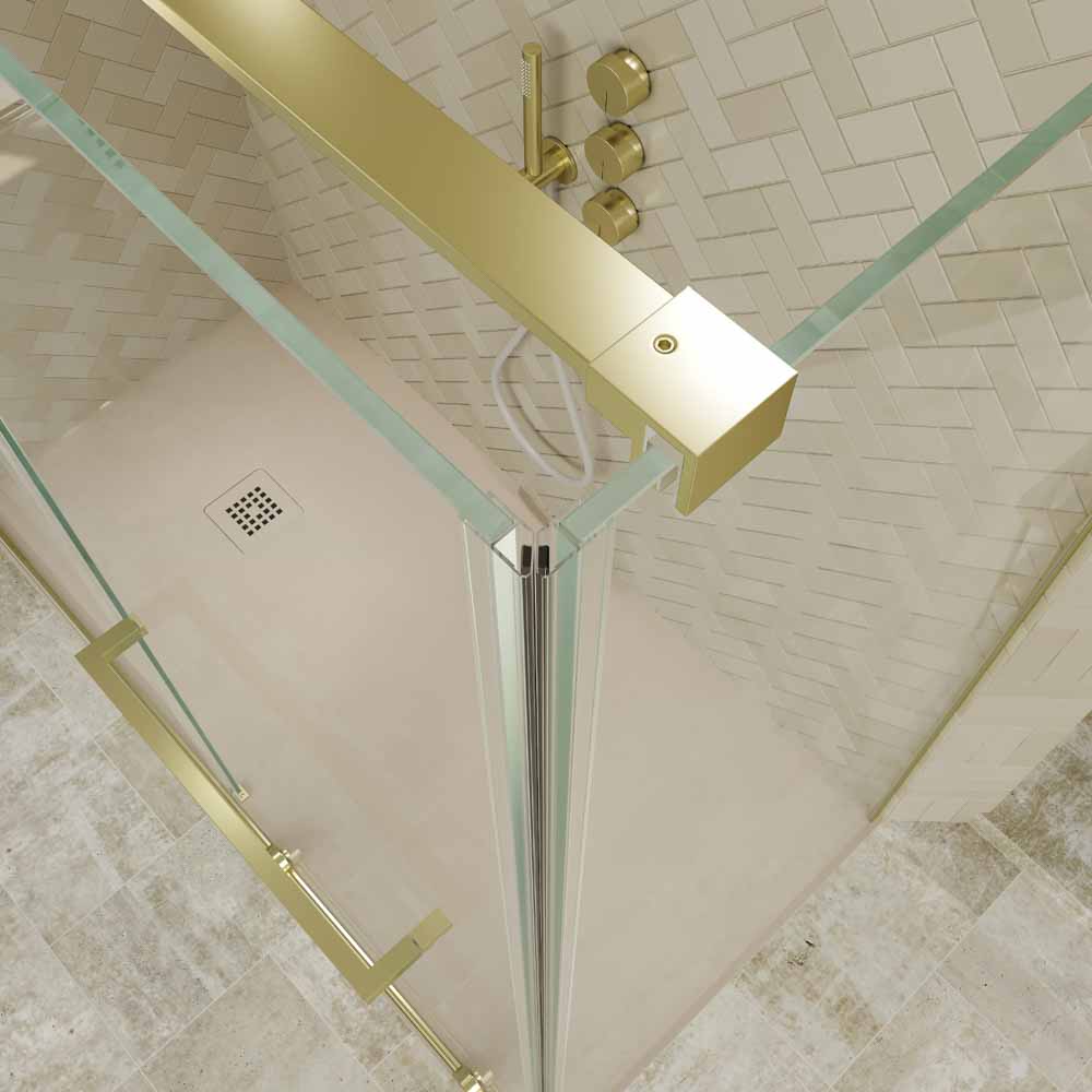 Mampara de ducha rectangular VERONA apertura frontal 1 fijo-1 puerta corredera con ruedas inferiores + 1 fijo acabado ORO MATE - Imagen 8