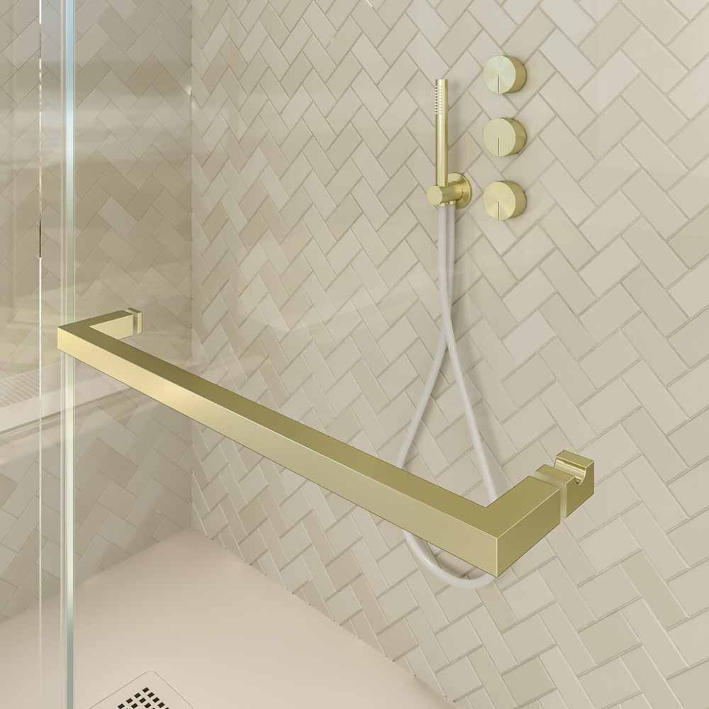 Mampara de ducha rectangular VERONA apertura frontal 1 fijo-1 puerta corredera con ruedas inferiores + 1 fijo acabado ORO MATE - Imagen 4