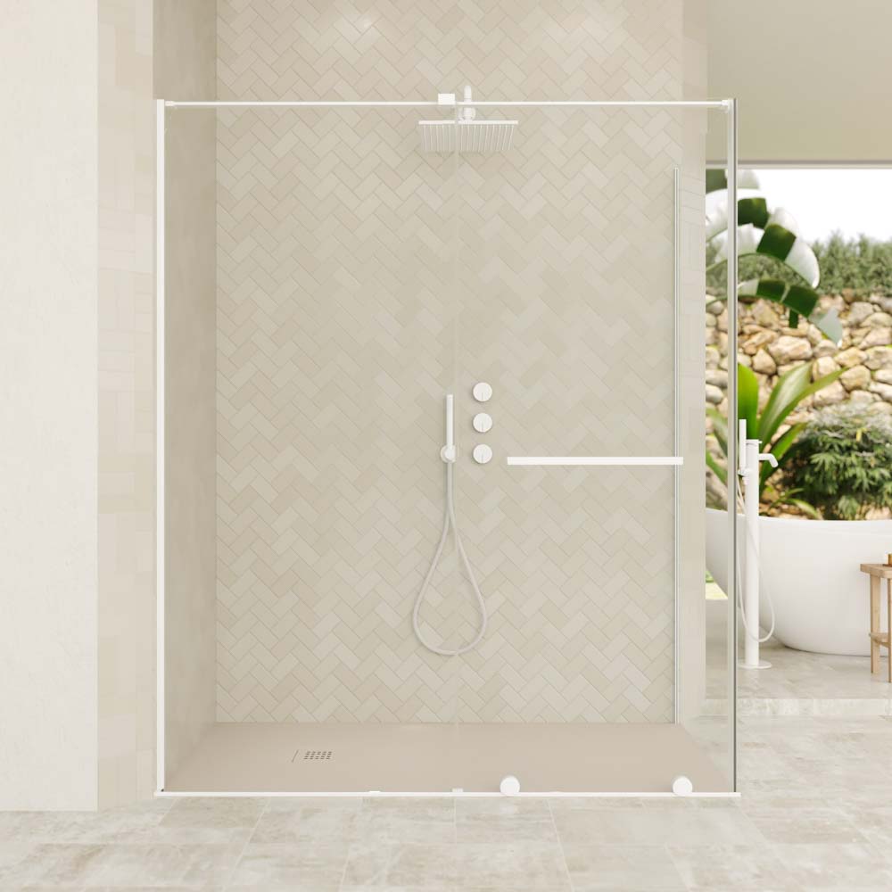Mampara de ducha rectangular VERONA apertura frontal 1 fijo-1 puerta corredera con ruedas inferiores + 1 fijo acabado BLANCO MATE