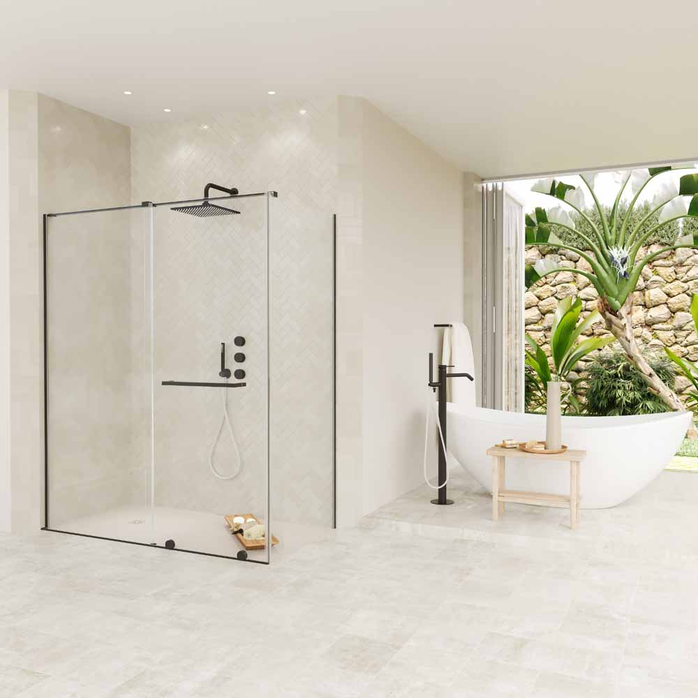 Mampara de ducha rectangular VERONA apertura frontal 1 fijo-1 puerta corredera con ruedas inferiores + 1 fijo acabado NEGRO MATE