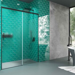 Mampara de ducha frontal BASIC 1 fijo -1 puerta corredera. Sin perfil inferior. Con tratamiento anti-cal . Acabado NEGRO MATE.