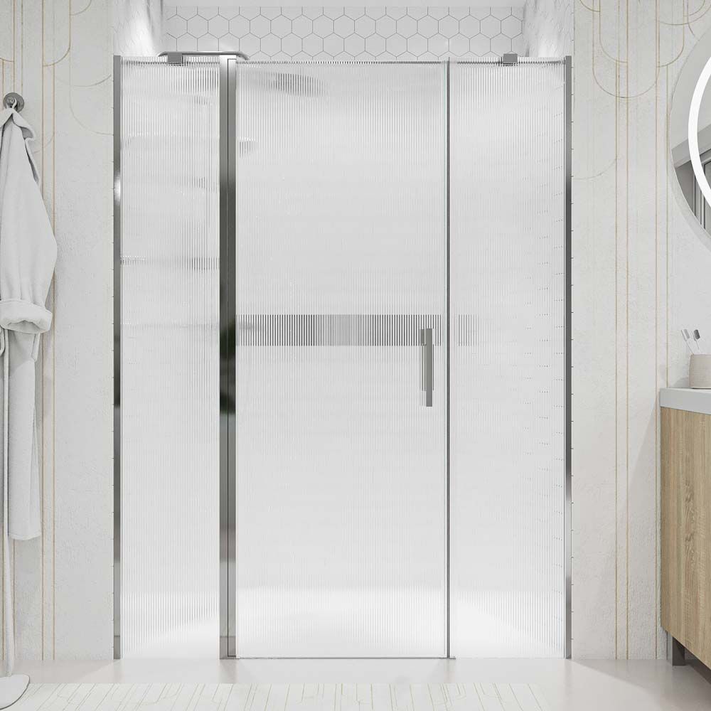 Mampara de ducha frontal OPEN 2 fijos - 1 puerta abatible vidrio ACANALADO fabricada a medida. Acabado CROMO BRILLO