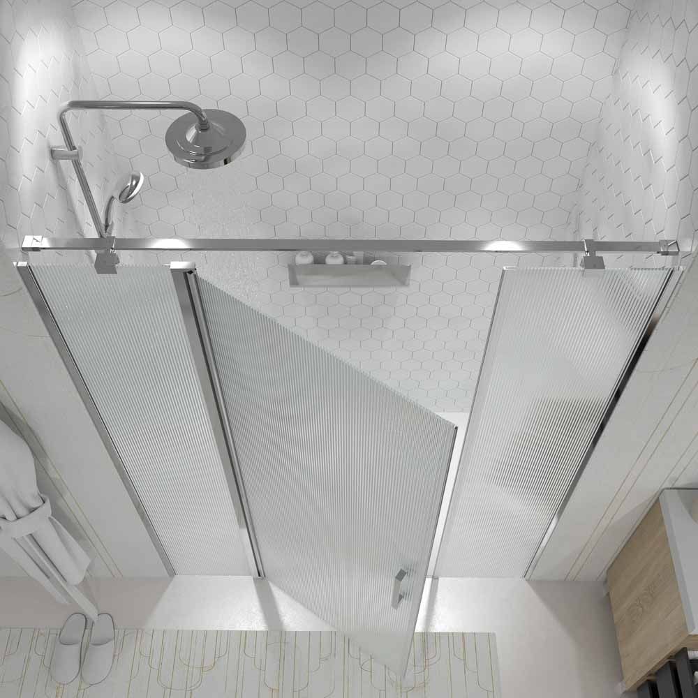 Mampara de ducha frontal OPEN 2 fijos - 1 puerta abatible vidrio ACANALADO fabricada a medida. Acabado CROMO BRILLO - Imagen 4