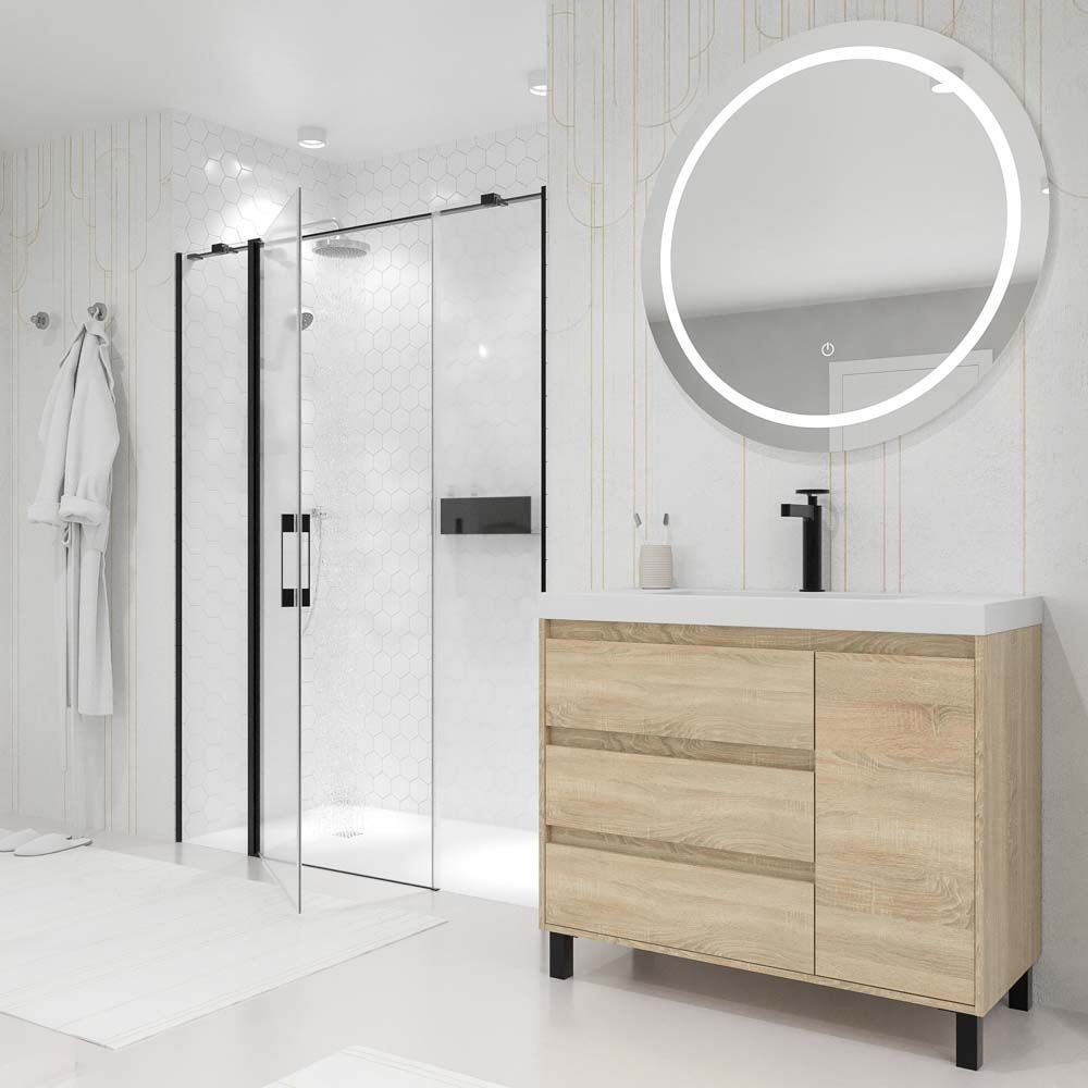 Mampara de ducha frontal OPEN 2 fijos - 1 puerta abatible fabricada a medida. Acabado NEGRO MATE - Imagen 5