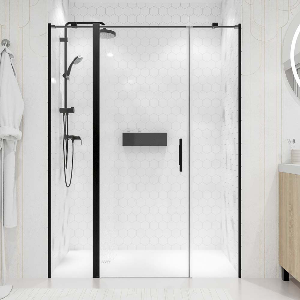 Mampara de ducha frontal OPEN 2 fijos - 1 puerta abatible fabricada a medida. Acabado NEGRO MATE