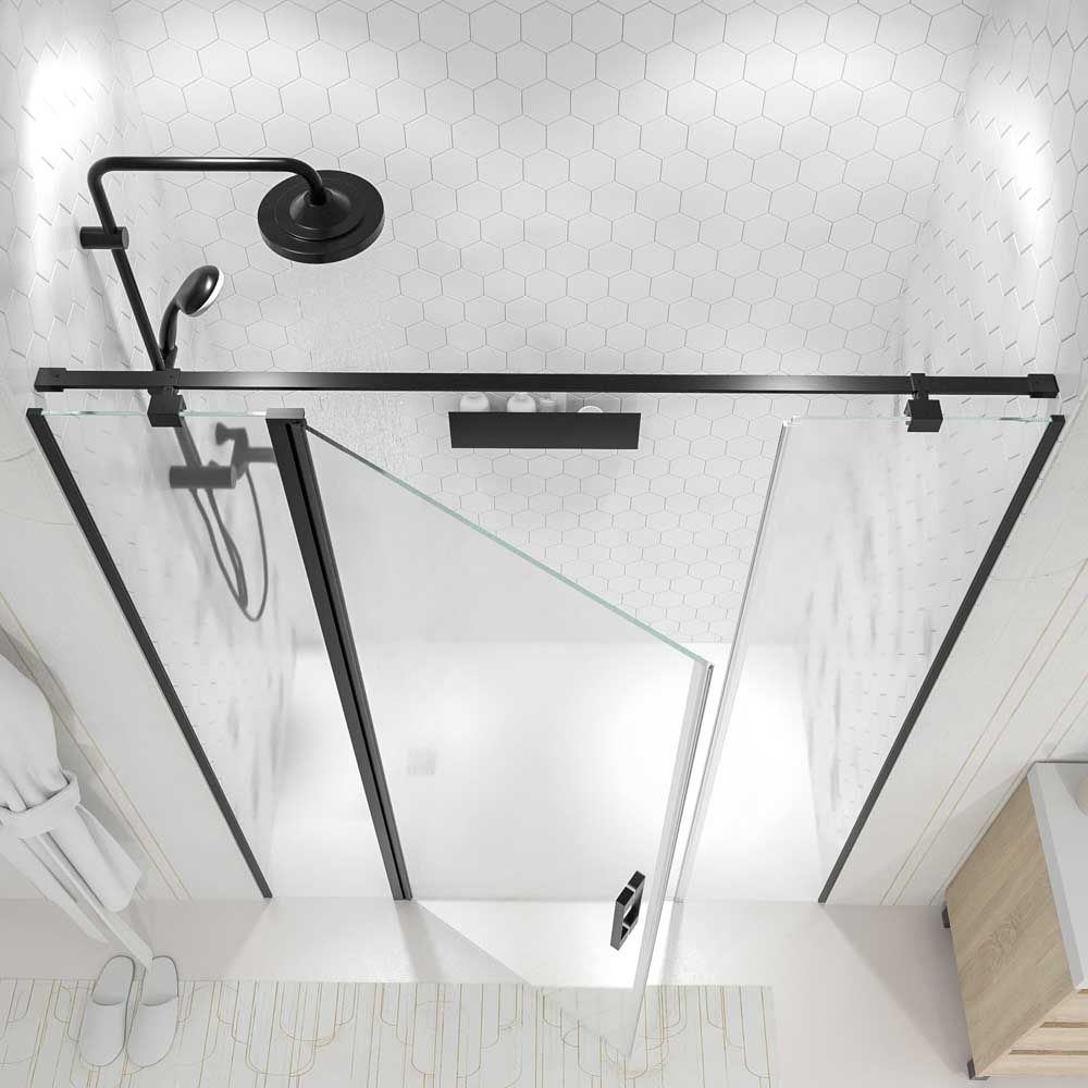 Mampara de ducha frontal OPEN 2 fijos - 1 puerta abatible fabricada a medida. Acabado NEGRO MATE - Imagen 4