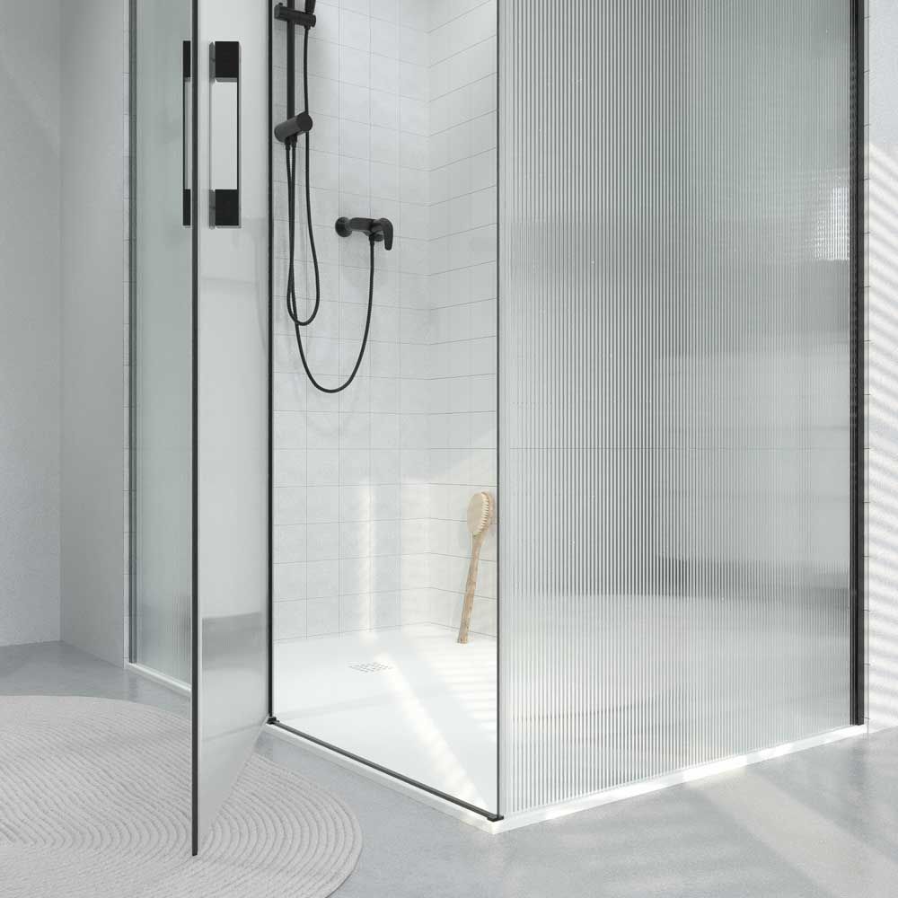 Mampara de ducha rectangular OPEN 2 fijos - 1 puerta abatible VIDRIO ACANALADO a medida NEGRO MATE - Imagen 8
