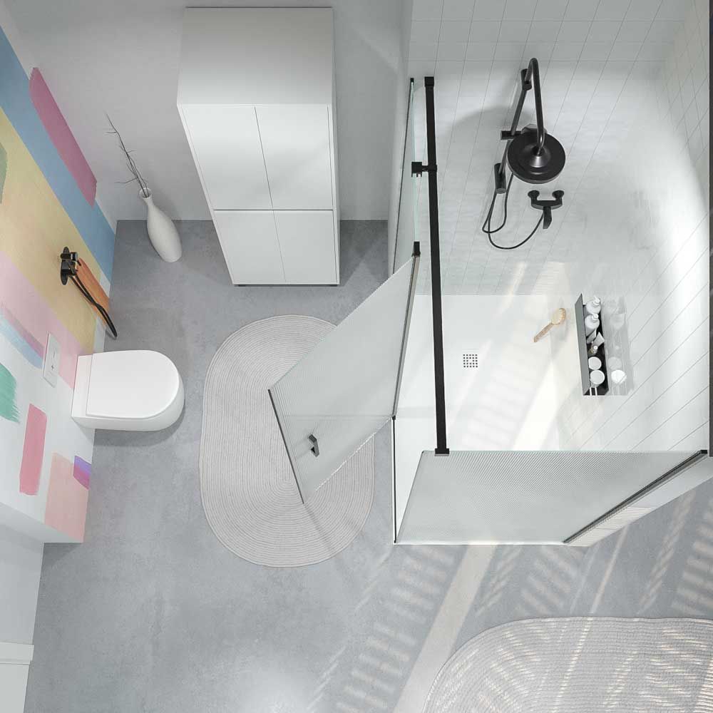 Mampara de ducha rectangular OPEN 2 fijos - 1 puerta abatible VIDRIO ACANALADO a medida NEGRO MATE - Imagen 7