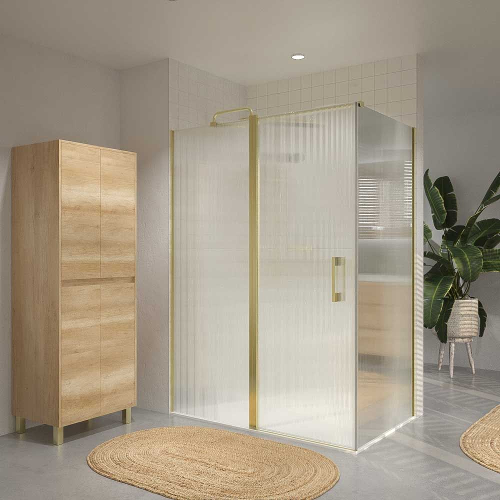 Mampara de ducha rectangular OPEN 2 fijos - 1 puerta abatible VIDRIO ACANALADO a medida ORO MATE - Imagen 3