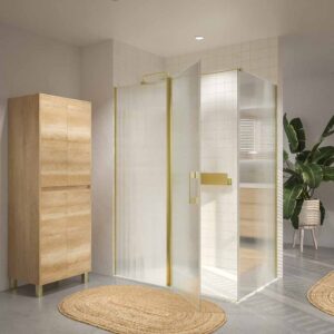 Mampara de ducha rectangular OPEN 2 fijos - 1 puerta abatible VIDRIO ACANALADO  a medida ORO MATE