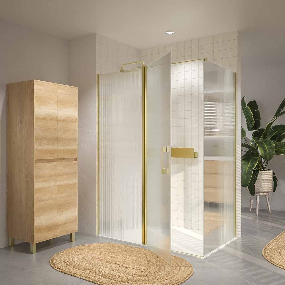 Mampara de ducha rectangular OPEN 2 fijos - 1 puerta abatible VIDRIO ACANALADO a medida ORO MATE