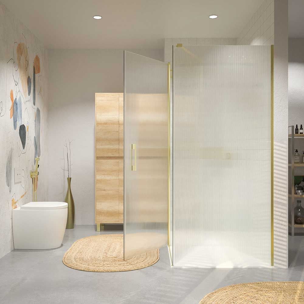 Mampara de ducha rectangular OPEN 2 fijos - 1 puerta abatible VIDRIO ACANALADO a medida ORO MATE - Imagen 8