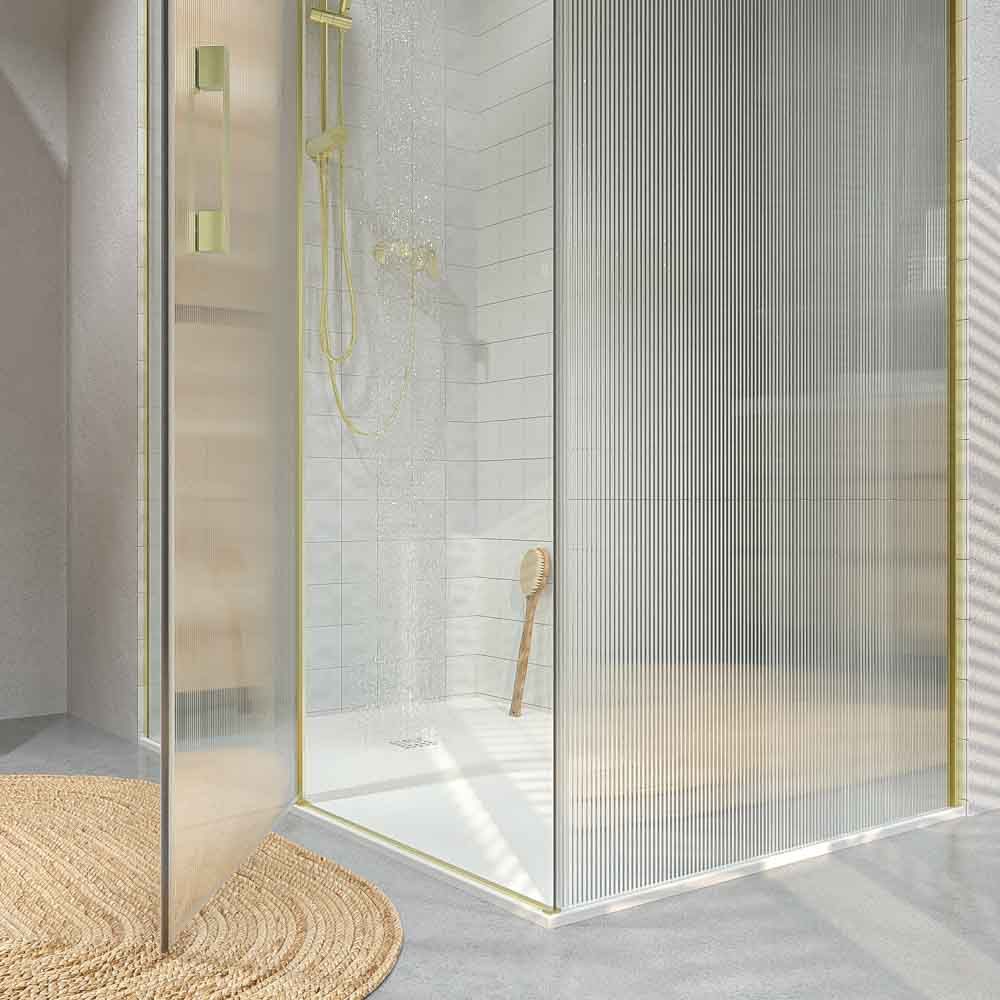 Mampara de ducha rectangular OPEN 2 fijos - 1 puerta abatible VIDRIO ACANALADO a medida ORO MATE - Imagen 7