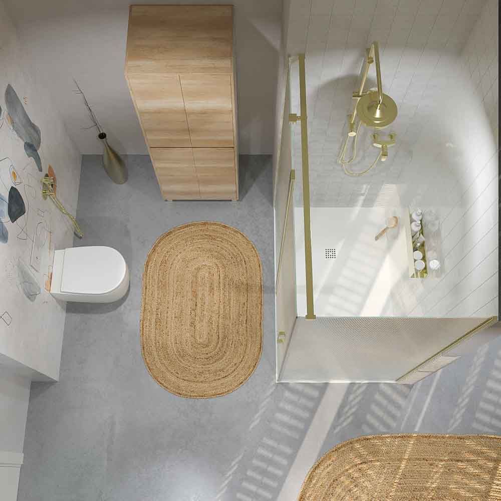 Mampara de ducha rectangular OPEN 2 fijos - 1 puerta abatible VIDRIO ACANALADO a medida ORO MATE - Imagen 6