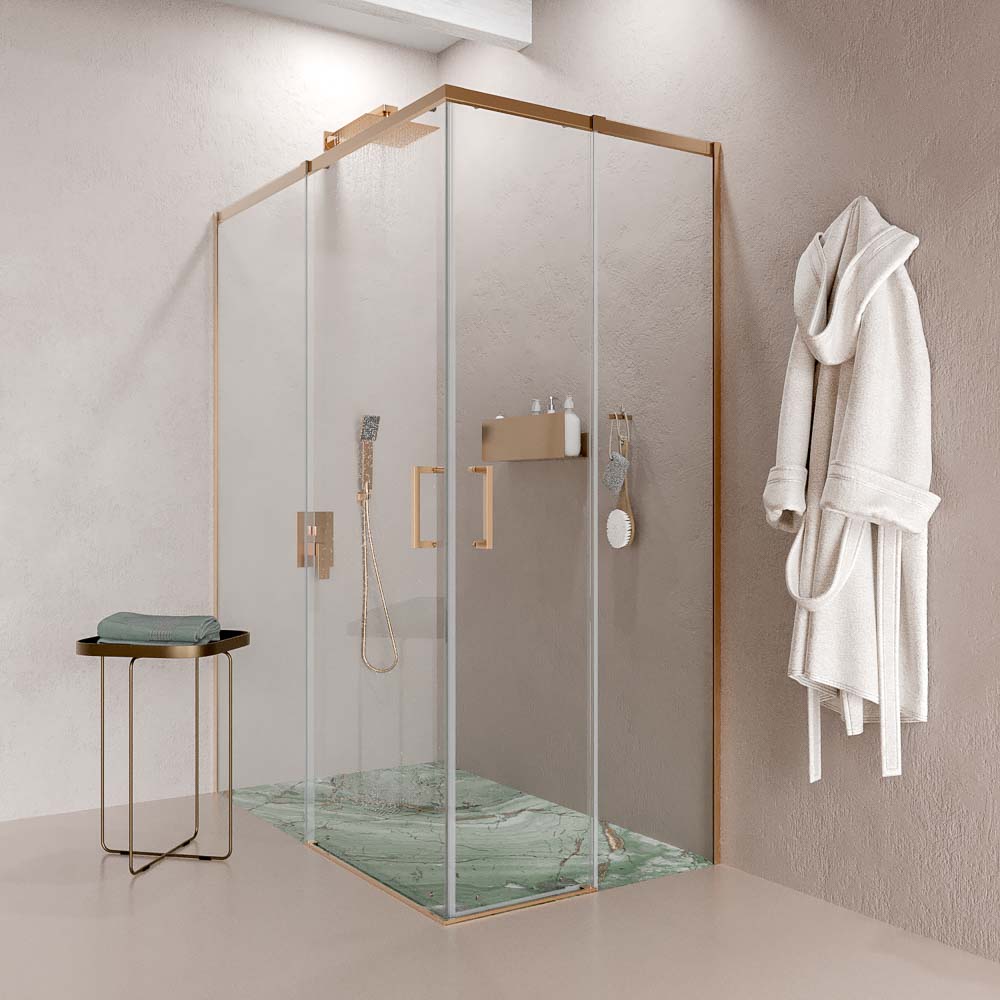 Mampara de ducha AXER rectangular 2 fijos - 2 puertas correderas vidrio 6 mm. ACERO INOXIDABLE acabado COBRE