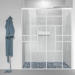 Mampara de ducha AXER frontal 1 fijo - 1 puerta corredera vidrio 6 mm. decorado industrial SOHO. Acero inoxidable BLANCO MATE