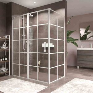 Mampara de ducha rectangular OPEN 2 fijos - 1 puerta abatible decorado industrial . BLANCO MATE