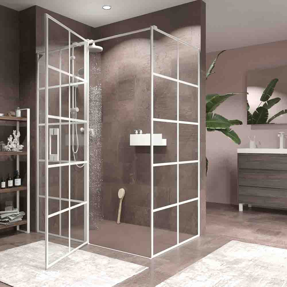 Mampara de ducha rectangular OPEN 2 fijos - 1 puerta abatible decorado industrial . BLANCO MATE - Imagen 3